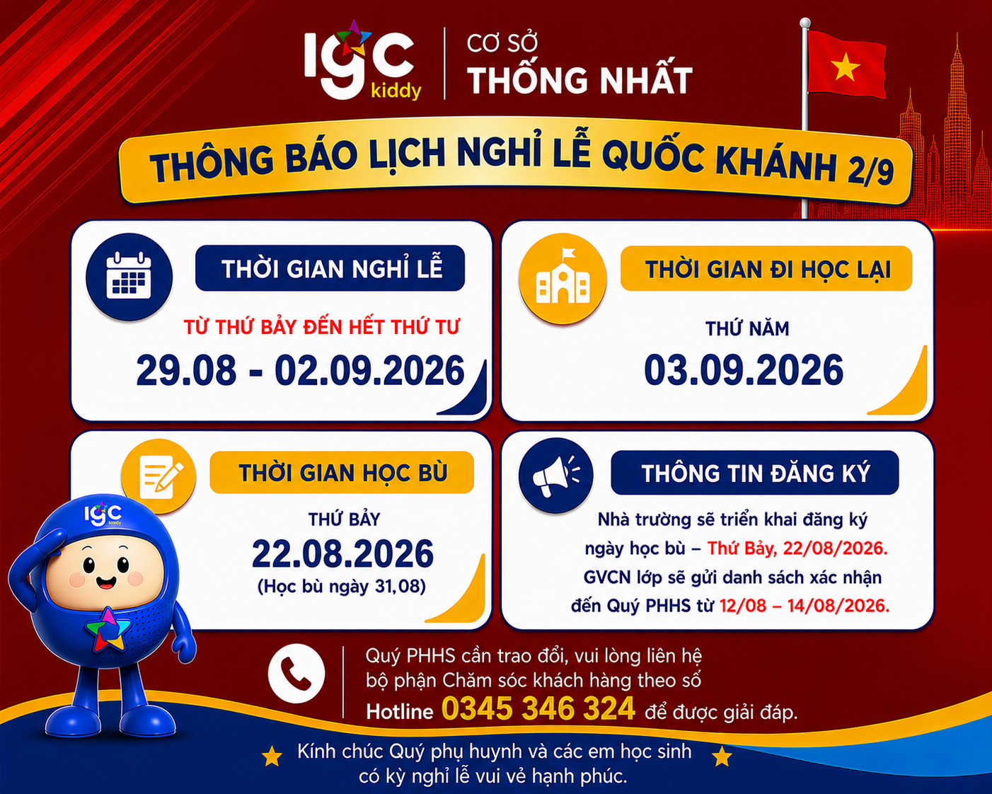 THÔNG BÁO LỊCH NGHỈ LỄ QUỐC KHÁNH 2/9 VÀ THỜI GIAN HỌC BÙ THÁNG 8/2026