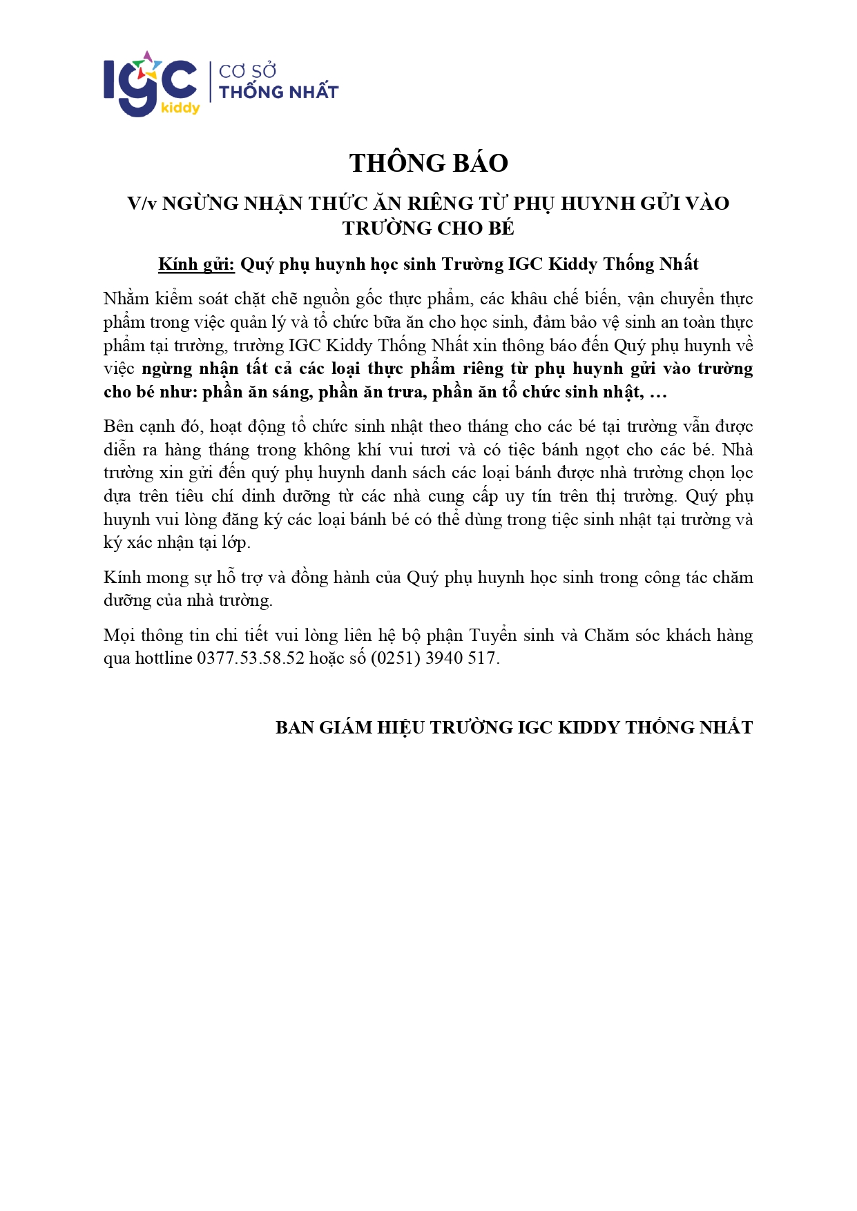 THÔNG BÁO V/v NGỪNG NHẬN THỨC ĂN RIÊNG TỪ PHỤ HUYNH GỬI VÀO TRƯỜNG CHO BÉ